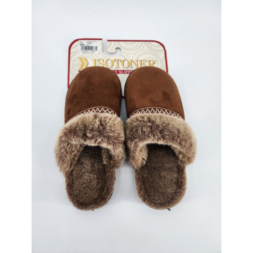 Isotoner Womens Clog Slippers Brown Faux Fur Trim Microsuede Size 6.5-7 NEW
